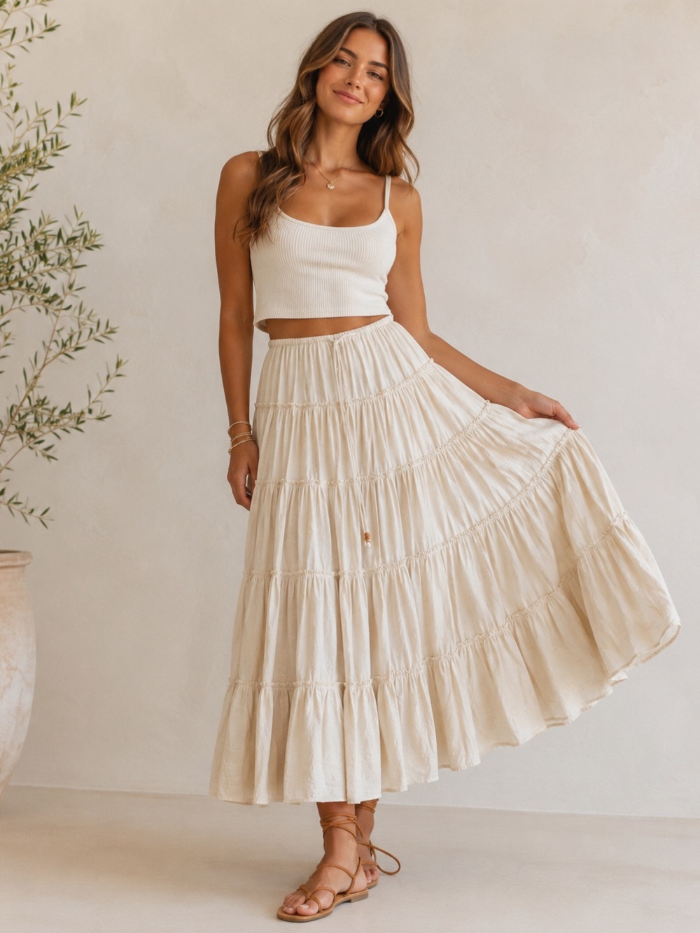 Maxi Tiered Cotton Skirt in Cream
